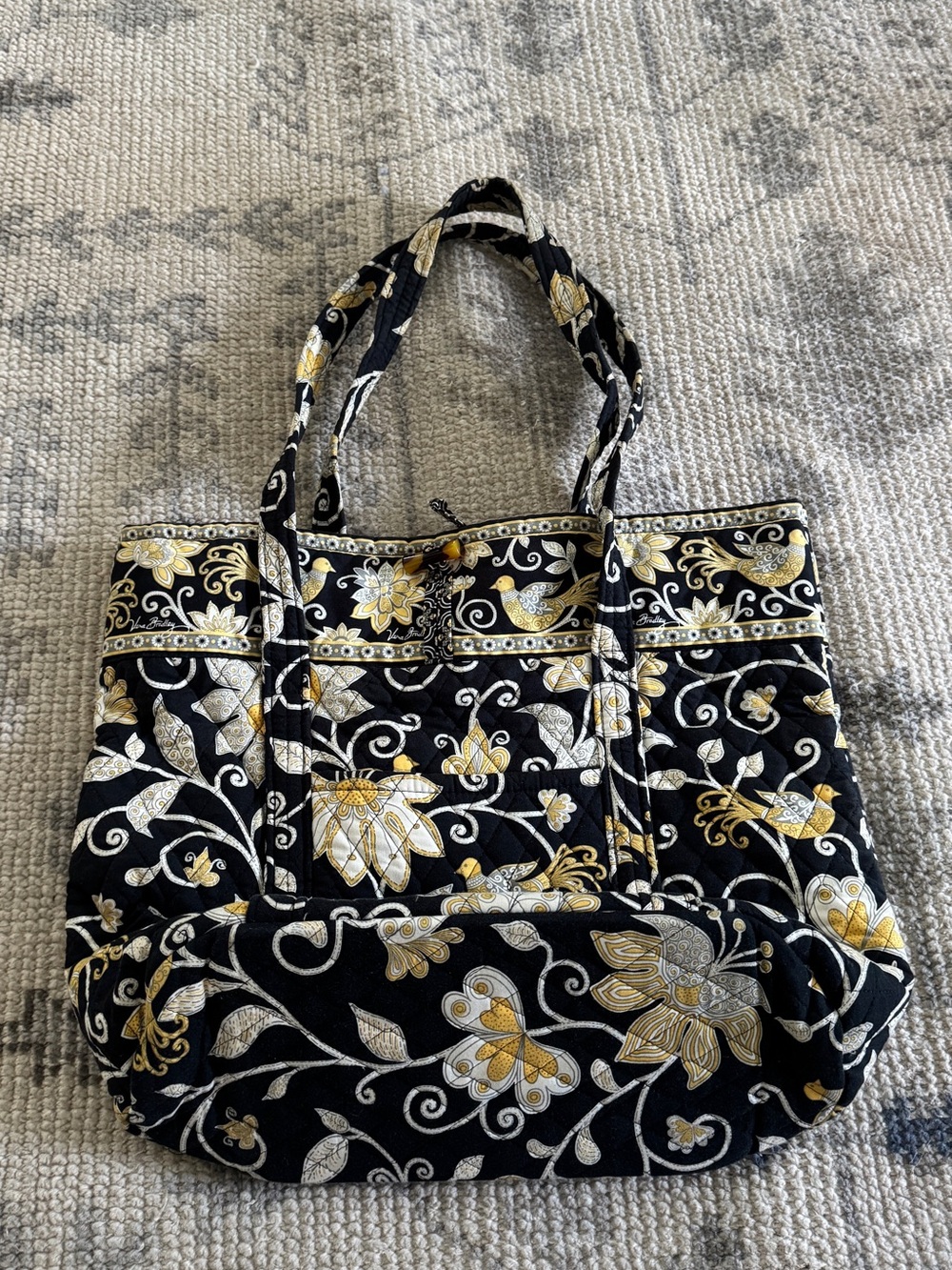 Vera Bradley Black Quilted Tote with Gold and Cream Floral Motif